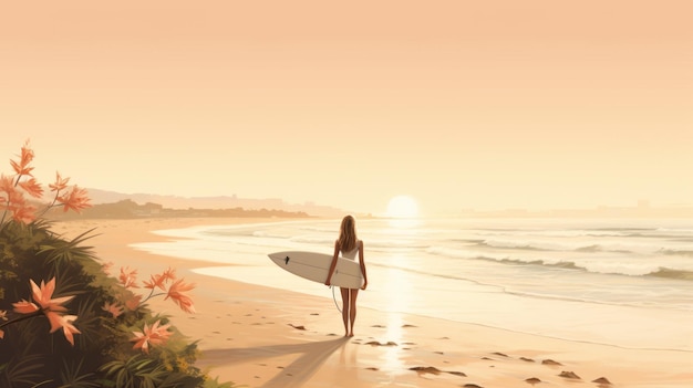 Stephanie Gilmore Una ilustración de playa romántica con tabla de surf