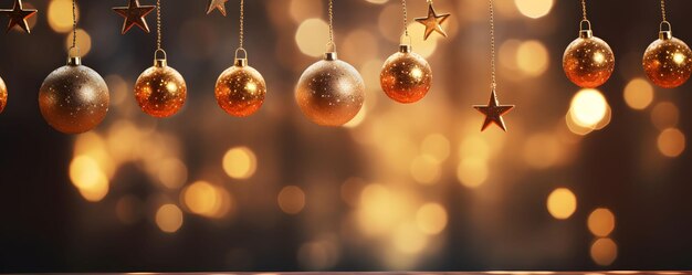 Sterne und Weihnachtsball hängend Ornament mit hellem Bokeh in der dunklen Nacht abstrakter Hintergrund Generative KI