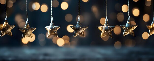 Foto sterne und weihnachtsball hängend ornament mit hellem bokeh in der dunklen nacht abstrakter hintergrund generative ki