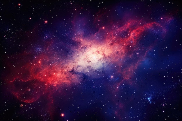 Sternenfeld im Weltraum, ein Nebel und eine Gasansammlung. Detailliertes Bild einer Galaxie mit einer atemberaubenden Reihe leuchtender roter und blauer Farben. Die Milchstraße wurde von der KI erstellt
