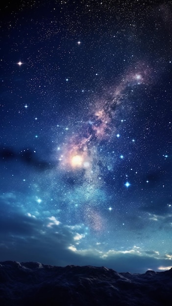 Sternenhimmel mit einem Berg und einer fernen Galaxie, generativer KI