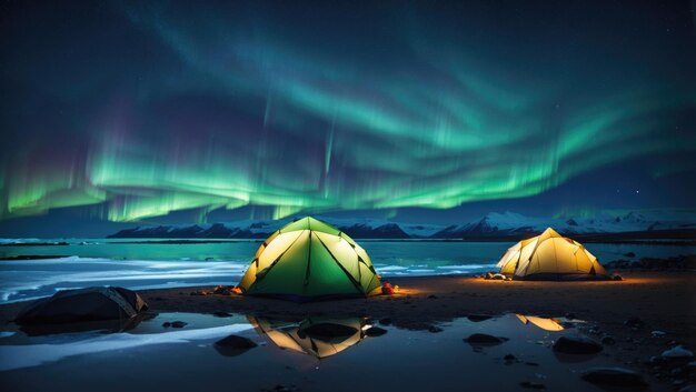 Foto sternenklare strandzelte unter der aurora borealis