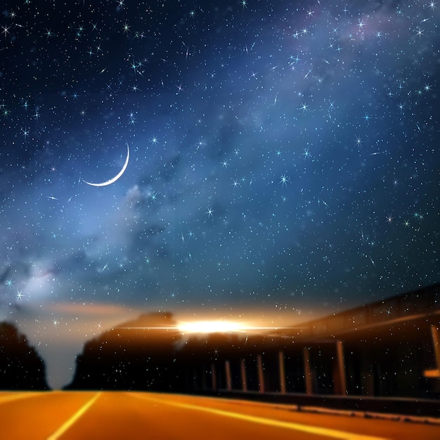 sternenklarer nacht blauer himmel und sonnenuntergang strahlfackeln nebel milchstraße, naturlandschaft