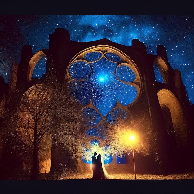 Sternenklarer Nachthimmel mit einem Paar, das vor einem großen Fenster steht, generative KI