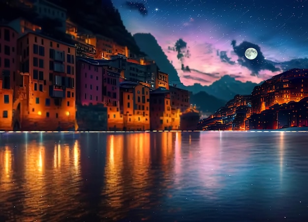 Sternennacht auf See, blauer bewölkter Himmel und großer Mond in Italien, Häuser im Hafen, blaue Wasserwelle