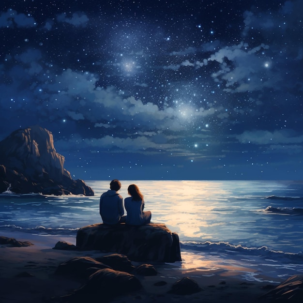 Sternennachtmalerei von zwei Menschen, die auf einem Felsen sitzen und sich den Ozean ansehen
