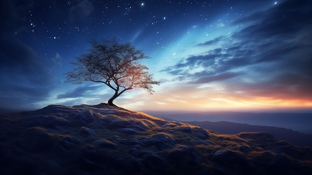 Sternenreiche Einsamkeit Einsamer Baum auf dem Hügel