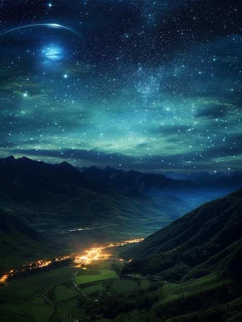 Sternenreicher Nachthimmel mit einem Bergtal und einem fernen, mit Sternen gefüllten Himmel