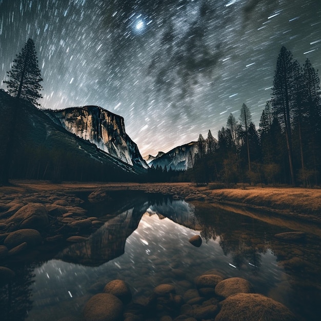 Sternenreicher Nachthimmel über einem Berg und einem Fluss mit Felsen