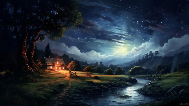 Foto sternenreicher nachthimmel über einer friedlichen landschaft