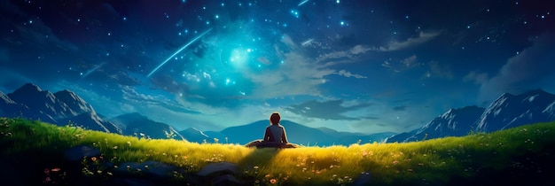 Sterngucker liegt auf einem grasbewachsenen Hügel und blickt in einen klaren Nachthimmel voller funkelnder Sterne und Sternbilder. Generative KI