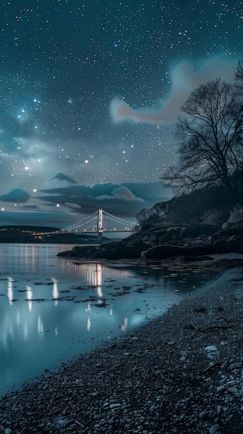 Sterniger Himmel über einem Gewässer mit einer Brücke in der Ferne