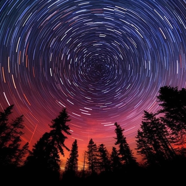 Sternspuren am Himmel über Bäumen und ein Wald mit Bäumen im Vordergrund