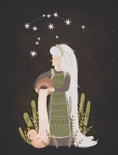 Sternzeichen Illustration. Porträt einer starken Kriegerin mit Pfeil und Bogen. Konstellation