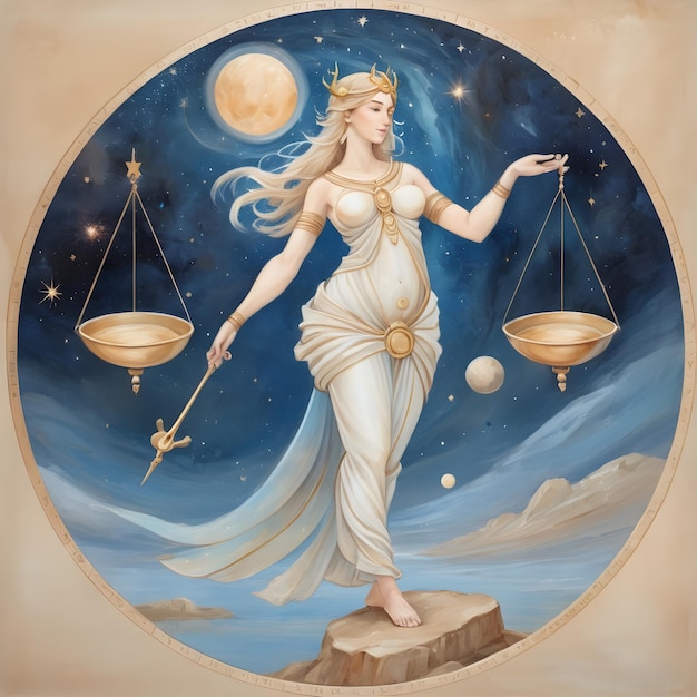 Sternzeichen Waage ein Gemälde einer Frau mit Mond und Sternen