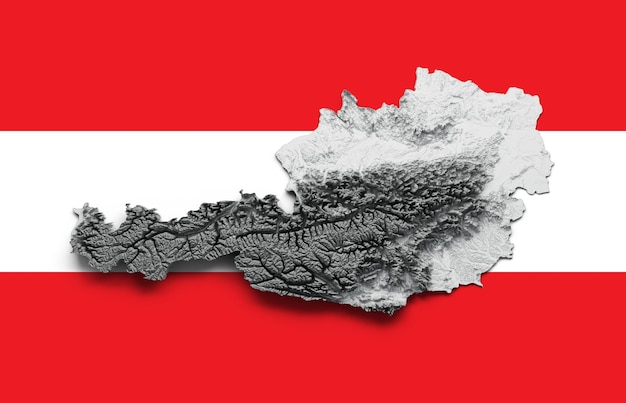 Österreich Karte Flagge Schattiertes Relief Schwarz-Weiß-Farbhöhenkarte auf weißem Hintergrund 3D-Darstellung
