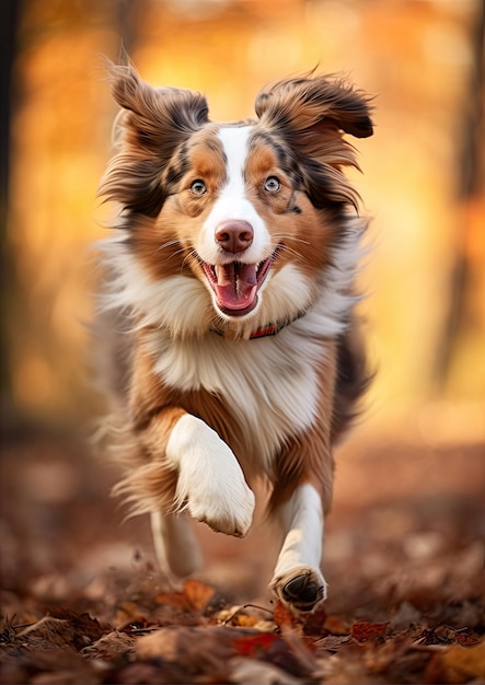 Österreichischer Schäferhund springt im Naturwald Hund springt oder fliegt im Sonnenscheinhintergrund