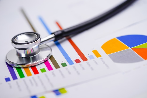 Stethoskop auf Tabellenkalkulationspapier der Diagramme und der Diagramme.