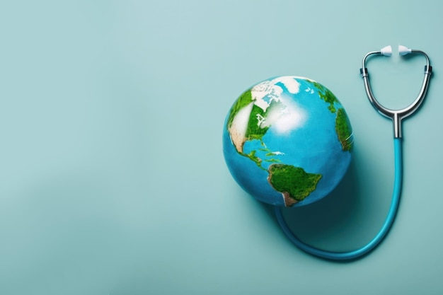 Stethoskop Globus und Herz auf blauem Hintergrund mit Kopierbereich Weltgesundheitstag Konzept Globale Gesundheitsversorgung