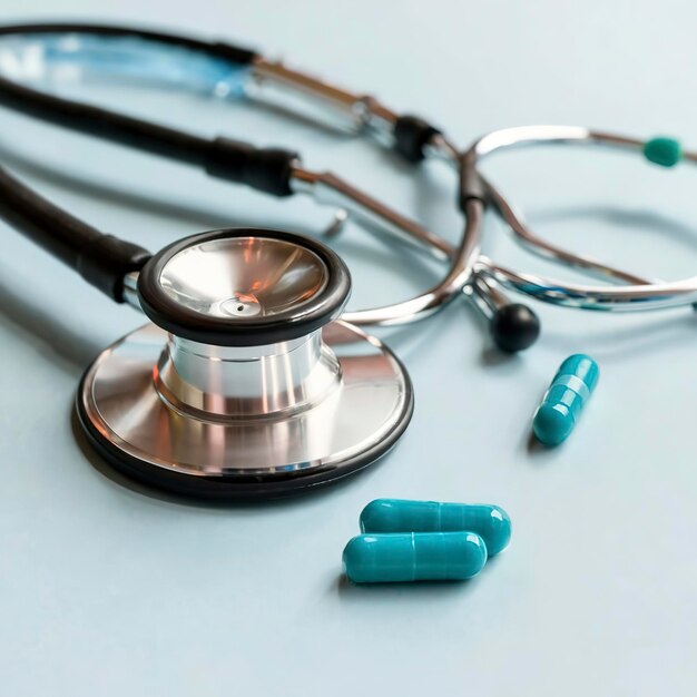 Stethoskop und blauweiße Kapselpillen auf dem Arzttisch oder dem Schreibtisch der Krankenschwester. Gesundheitsuntersuchung