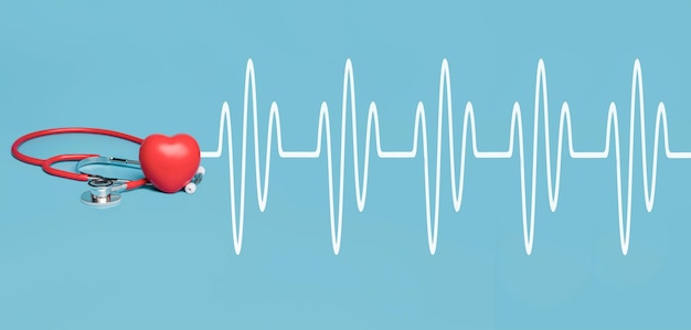 Stethoskop und Herzuntersuchung rot auf blauem Hintergrund Gesundheitskonzept