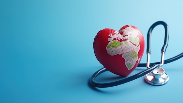 Stethoskop und rotes Herz mit Karte Weltgesundheitstag Konzept Kopie Raum blauer Hintergrund KI generiert