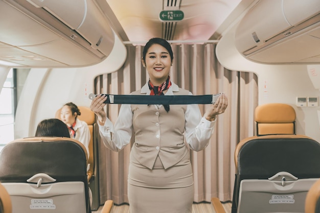 Stewardess-Demonstration Inflight-Sicherheitsinstrument-Anweisungen an die Kabinenbesatzung vor dem Flug