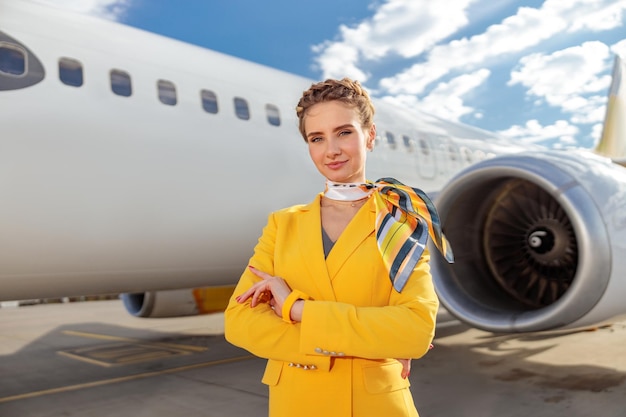 Stewardess steht in der Nähe von Verkehrsflugzeugen am Flughafen