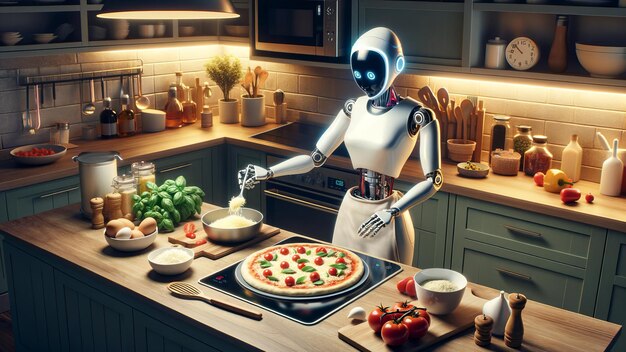 Ästhetisch ansprechender künstlicher Intelligenz Hausfrau-Roboter, der eine Pizza zubereitet, wurde geschaffen