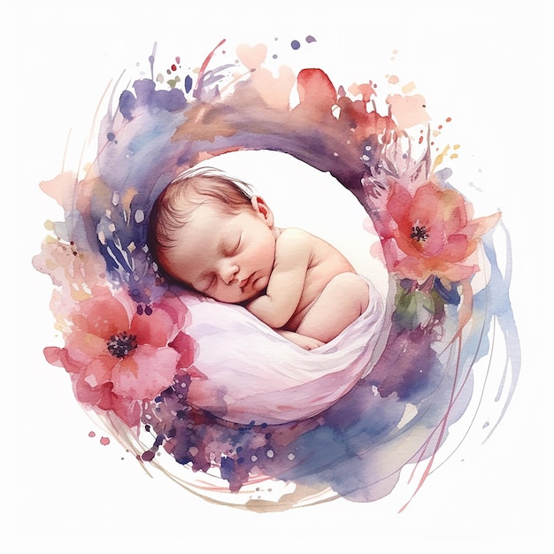 Ästhetische Aquarell-Baby auf einem Kranz-Illustration