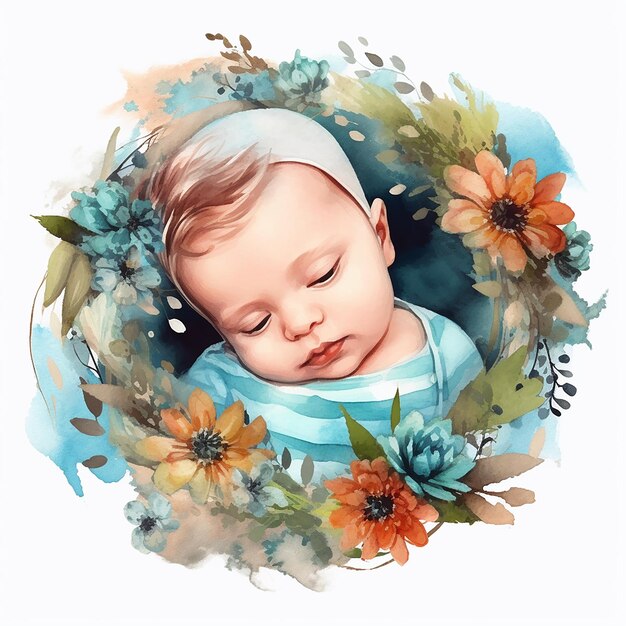 Ästhetische Aquarell-Baby auf einem Kranz-Illustration