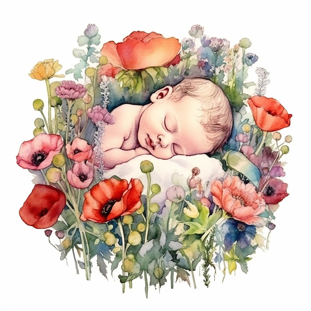 Ästhetische Aquarell-Baby auf einem Kranz-Illustration