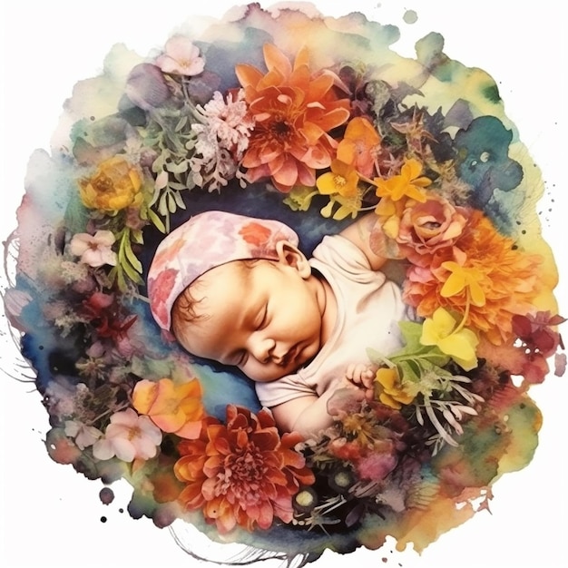 Ästhetische Aquarell-Baby auf einem Kranz-Illustration