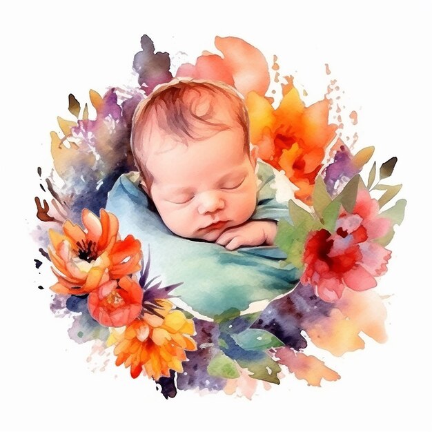 Ästhetische Aquarell-Baby auf einem Kranz-Illustration