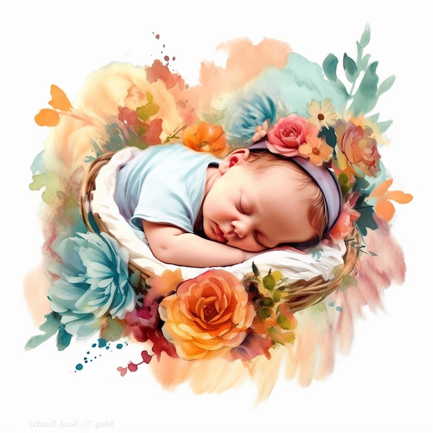 Ästhetische Aquarell-Baby auf einem Kranz-Illustration