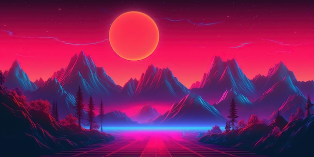 Ästhetische Berg-Synthwave-Retrowave-Tapete mit einem coolen und lebendigen Neon-Design