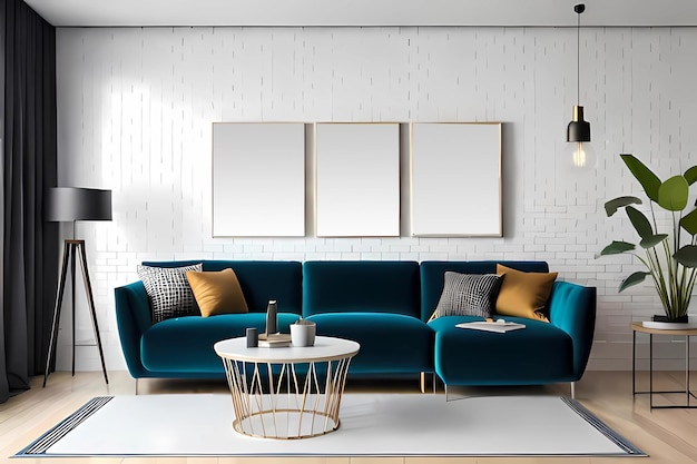 Ästhetische Freude umarmt stilvolles Wohnzimmer mit Modellrahmen an weißen Wänden