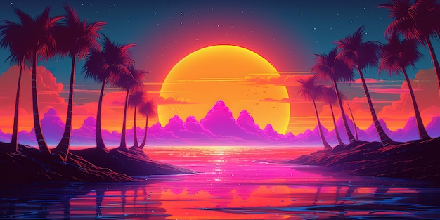 Ästhetische Strand-Synthwave-Retrowave-Tapete mit einem coolen und lebendigen Neon-Design