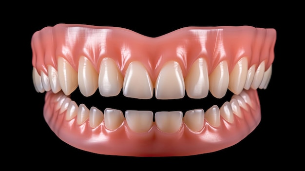 Ästhetische Zahnheilkunde der Prothese Vorderansicht der kompletten Prothese isoliert auf schwarzem Hintergrund Generative KI