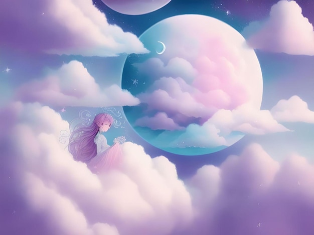 Ästhetischer Anime Hintergrund von Cloudscape mit einem Mädchen und Halbmondkonzept