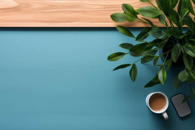 Ästhetischer blauer Tisch des kreativen Arbeitsbereichs, geschmückt mit Tastatur-Holzobjekten und Pflanzen von To