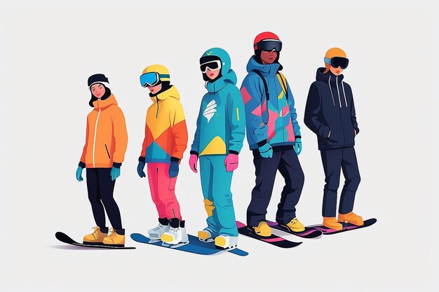 Ästhetisches Minimum Illustration einer vielfältigen Gruppe von Snowboardern Generative KI