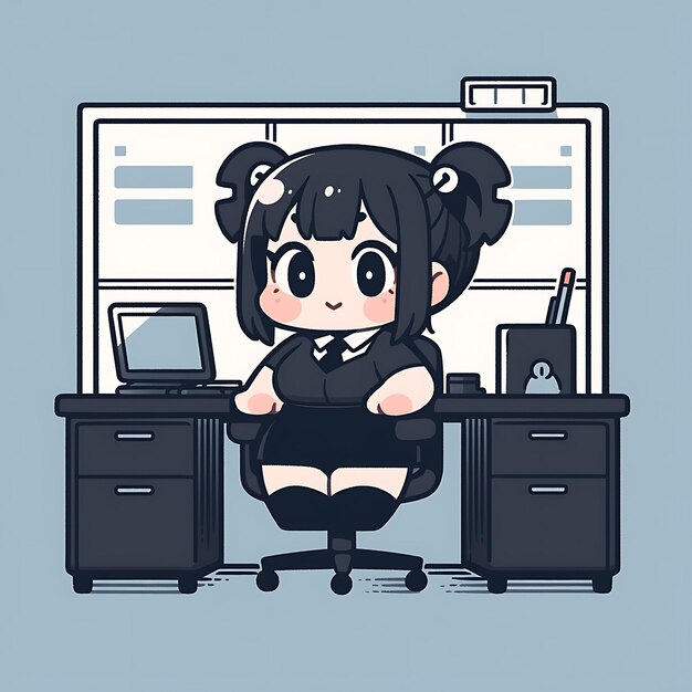 Sticker Anime Girl Cute Chubby Cartoon com Vector Bold Design de Linha Bold com Posição de Diferença