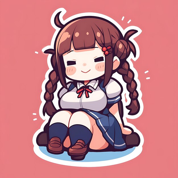 Sticker Anime Girl Cute Chubby Cartoon con Vector en negrita Diseño de línea en negrita con postura de diferencia