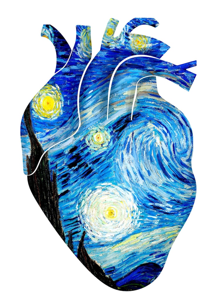 Foto sticker de coração humano png van gogh starry night colagem em fundo transparente remixado por rawpixel