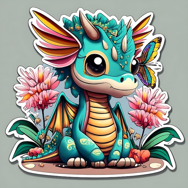 Sticker-Design Chibi-Drachen-Perle Frangipan-Schmetterlingsvektor hochdetaillierte 8K-Illustration