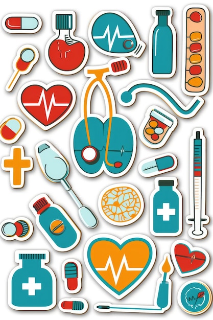 Foto sticker de dibujos animados de atención médica aislados sobre fondo blanco con bordes recortados concepto creativo para presentaciones de atención médica ilustraciones médicas y diseño relacionado con la salud