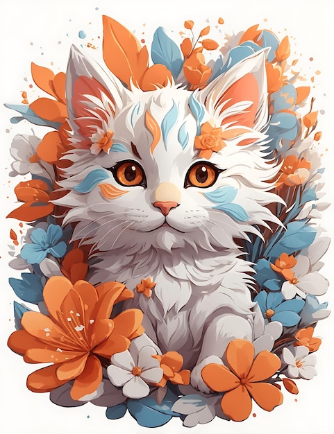 STICKER Eine detaillierte Illustration ein Druck von lebendigen süßen Kätzchenkopfen Fantasieblumen T-Shirt Design