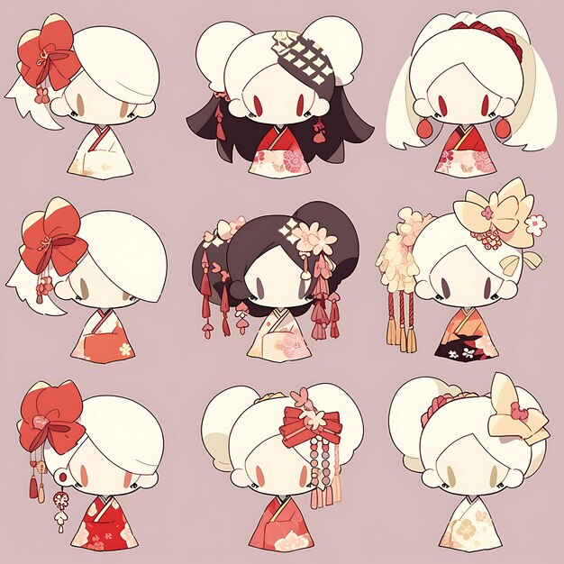 Foto sticker de geisha japonesa chibi kawaii kimono moda cerezo bl concepto arte activo del juego