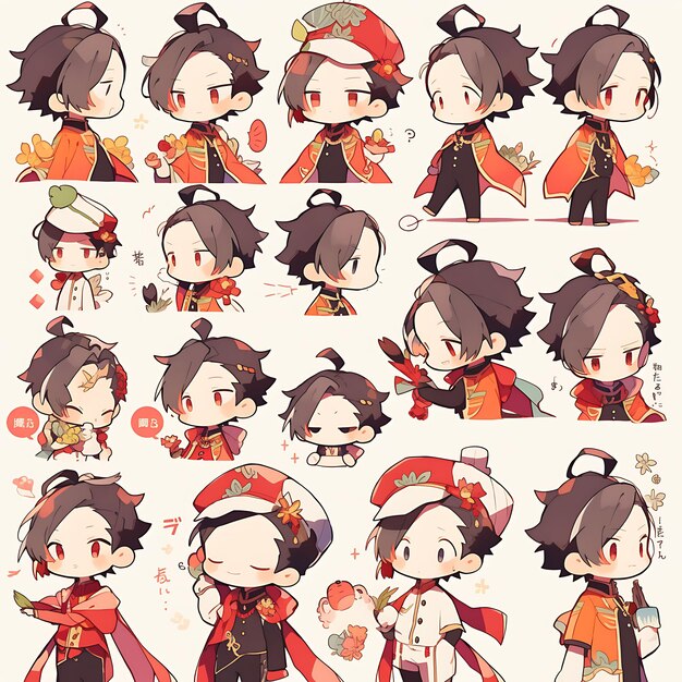 Sticker de macho Chibi Kawaii chino Cheongsam Vibrant Reds Jade Pendan Concepto de arte del juego de activos